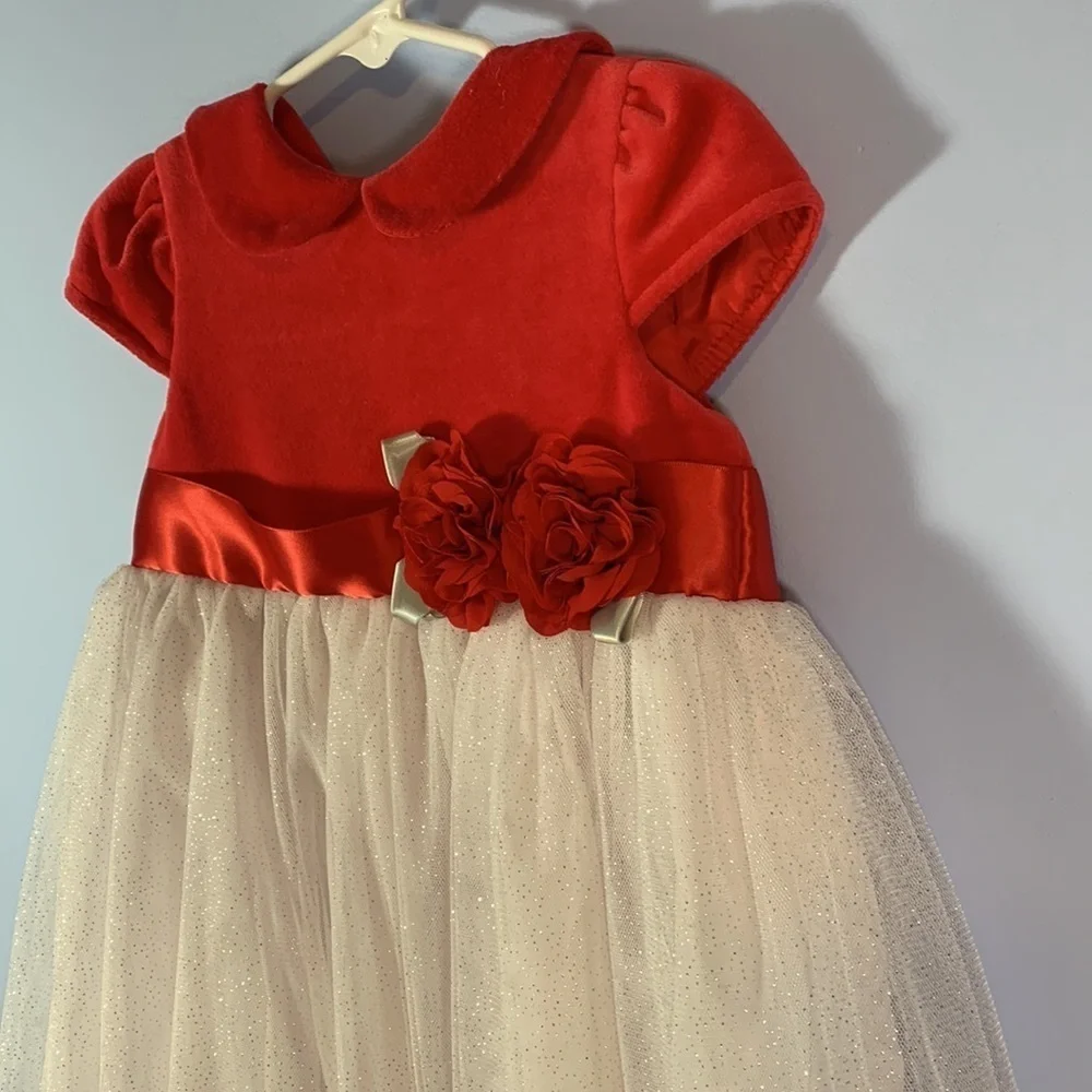 Little me red velvet Peter pan collar white tulle skirt silver glitter red bow